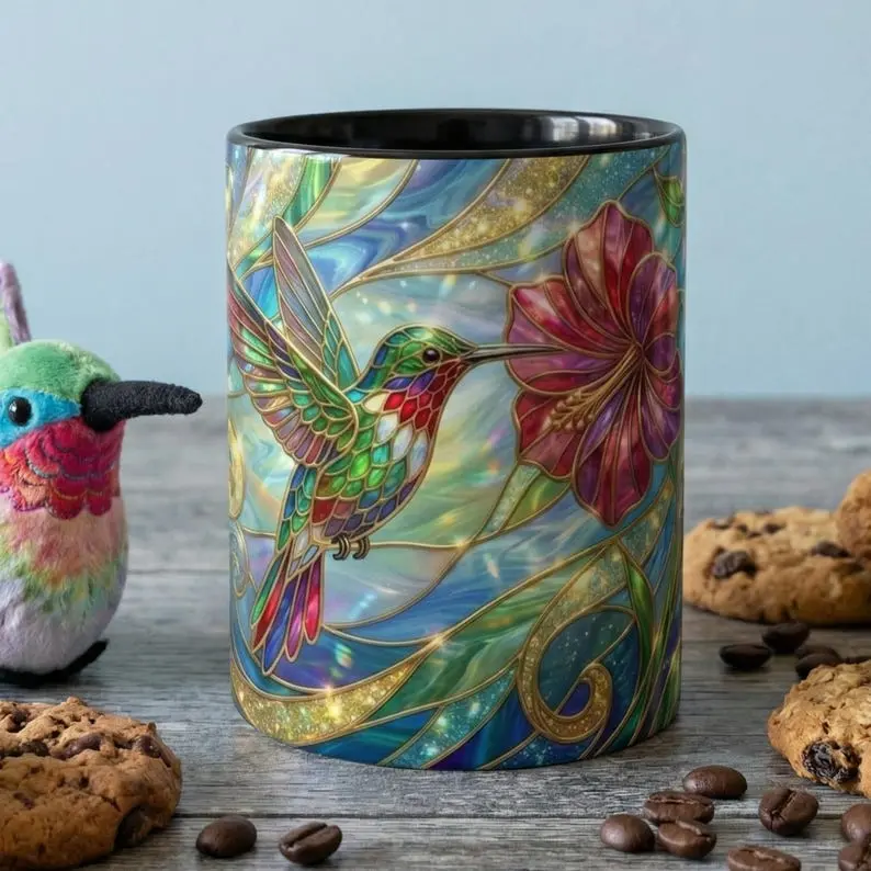Stained Glass Hummingbird Mug, Colorful Floral Coffee Cup, Bird And Flower Art Mug, Nature Lover Gift, Artistic Garden Mug, Unique Gift