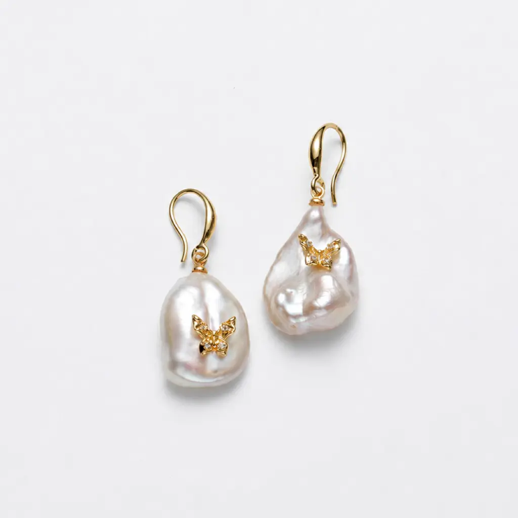 Baroque Freshwater Pearl Hook Earrings, Gold‑Tone Butterfly CZ Accent Dangle Earrings, High Luster Irregular Pearl Drop Earrings, Fashion Statement Jewelry Gift for Women