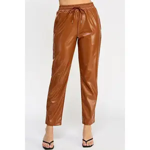 Luxury Faux Leather Jogger Pants Caramel Brown Athleisure Style