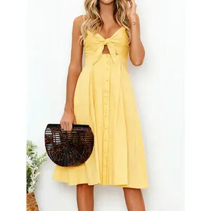 Cutout Smocked Sweetheart Neck Cami Dress Casual Summer Womenswear Button