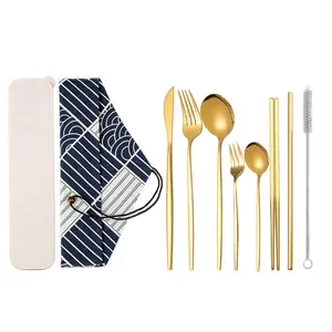 10 Pieces Stainless Steel Flatware Set, Portable Reusable Cutlery Set, Travel Utensils Set, Includes Chopsticks, Knife, Fork, Spoon, Straws, Cleaning Brush, Dishwasher Safe