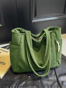 Women's New Large Capacity Multi-Pocket Corduroy Tote Bag, Simple Versatile Handheld Shoulder Bag for Commuting, Shopping, Daily Outings, Casual Commuter Bag