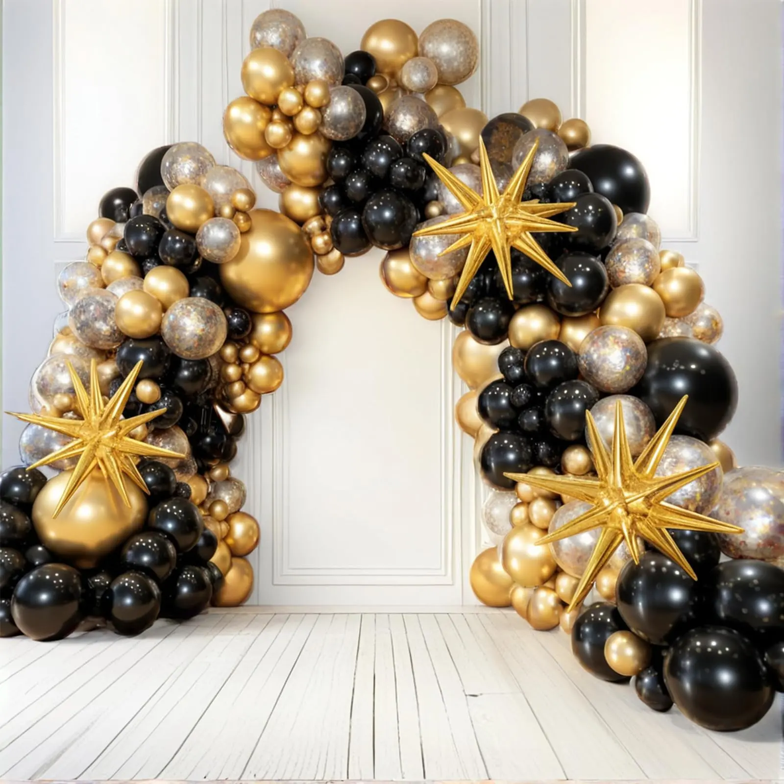 PartyWoo Black and Gold Balloon Arch Kit Garland 140pcs Different Sizes of 18 12 10 5 Inch Black Metallic Gold Confetti 22 Inch Star Balloons for Graduation Birthday New Year's Eve Party Decorations, Balloon Party Supplies