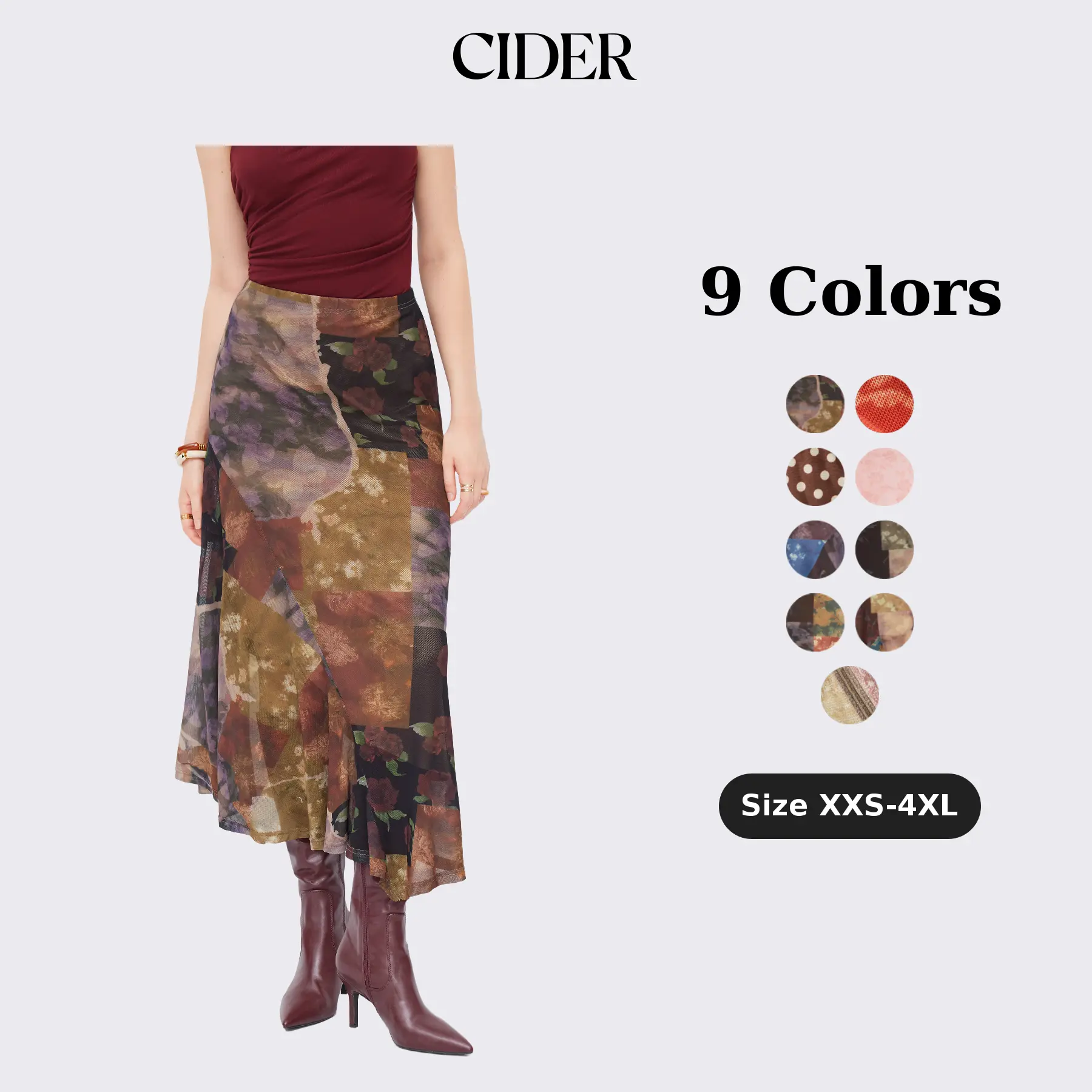 Cider Mesh Mid Rise Abstract Graphic Floral Asymmetrical Hem Maxi Skirt