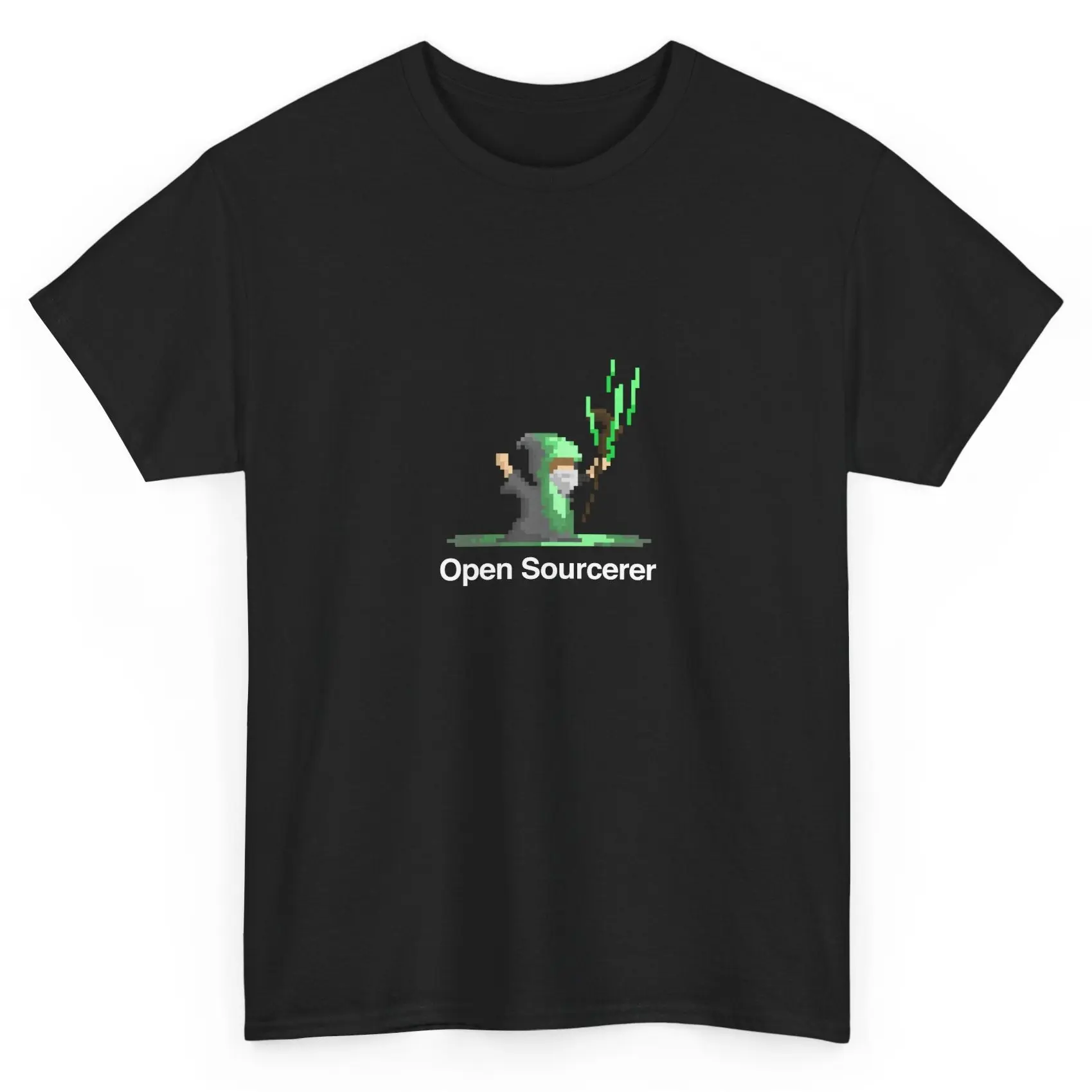 Open Sourcerer Pixel Wizard T‑Shirt, Funny Open Source Coding Graphic Tee, Casual Short Sleeve Top for Programmers & Open‑Source Developers