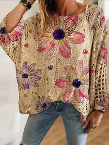 Spring Summer Women's Off-Shoulder Batwing Sleeve Knit Top with Floral Print, Lightweight Breathable Long Sleeve, Casual Elegant Vacation Wear