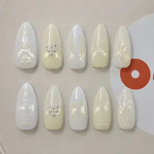 Handmade Kpop Press-On Nails - Cream and White Design for Concert Use