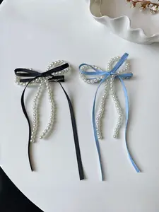 Sweet Forest Style Bow Ribbon Hair Clip, Imitation Pearl Edge, Girl Heart Side Clip, Elegant and Cute New Design Hair Accessory