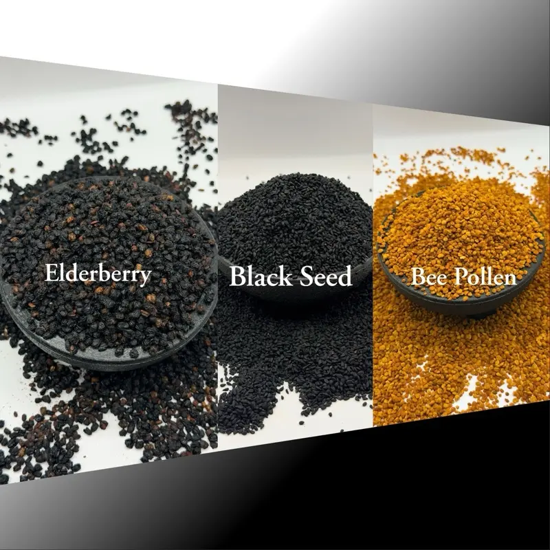 PULSEGLU Trio Combo Elderberry 2 Oz Black Seed 2 Oz Bee Pollen granules 2 oz