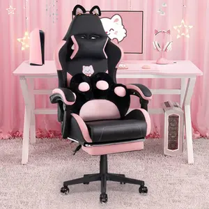 Cute Gaming Chair With Cat Ears & Cat Paw Lumbar Support, Ergonomic Reclining PC Chair, With Footrest, Headrest & Adjustable Features,Halloween Decor