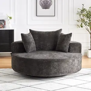 Oversized Round Swivel Chaise Longue Chair Indoor, Modern 55-inch 360 Degree Swivel Upholstered Chenille Deep Seat Circle Single Cloud Sofa Chair for Living Room, Bedroom Apartment, Office