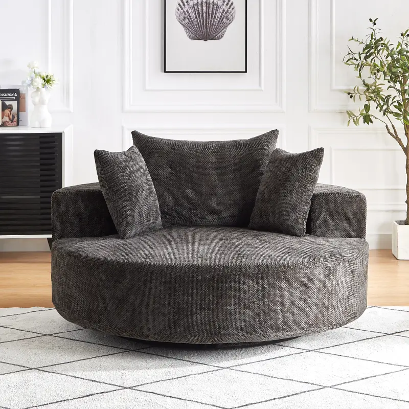 55''L Chenille Foam Single Swivel Chair, Fluffy Modern Sleeper, 360 Degree Swivel Chair for Living Room, Bedroom, Lounge and Projection Room, Swivel Chairs, 38 * 38 * 4 In.