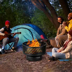Outvue Fire Pit, 26" Wood Burning Fire Pits with Grill & Lid, Fire Pit Table for Outside with Waterproof Cover & Fire Poker, Outdoor Firepit with Functions for BBQ,Table and Bonfire
