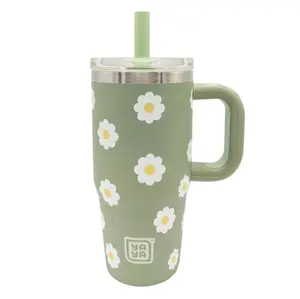 YAYA My First Travel Tumbler for Preschool & Kids 3+, Insulated Stainless Steel Tumbler with Reusable Silicone Straw & Spill-Proof Lid, Cup Holder Compatible, BPA-Free, 12oz, Daisies