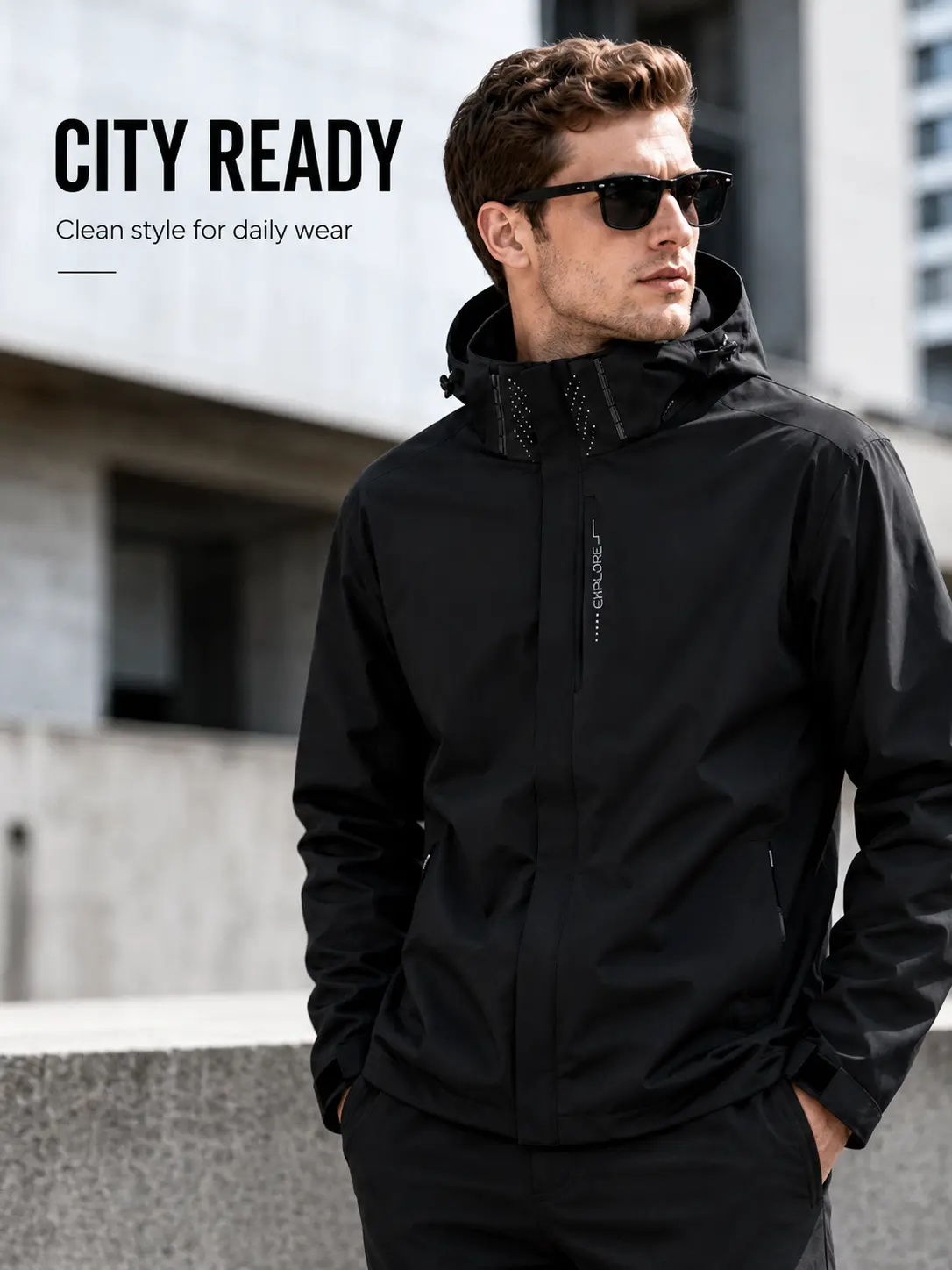 Men's Lightweight Waterproof Hooded Jacket, Autumn Fashionable Casual Windbreaker Coat, Windproof Full-Zip Rain Shell Jacket for Hiking, Camping, Travel, Outdoor Activities and Everyday Wear