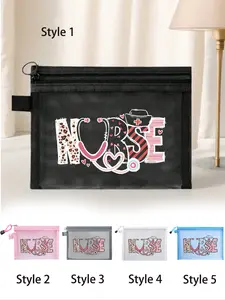 1pc Mesh Nylon Nurse-Themed Cosmetic Bag, Printed With Leopard Print "Nures" Monogram, Stethoscope And Nurse Cap, Etc., Medicine Bag, Pill Bag, Portable Multi-Purpose Cosmetic Bag, Women's Cosmetic Bag Travel Toiletry Organizer