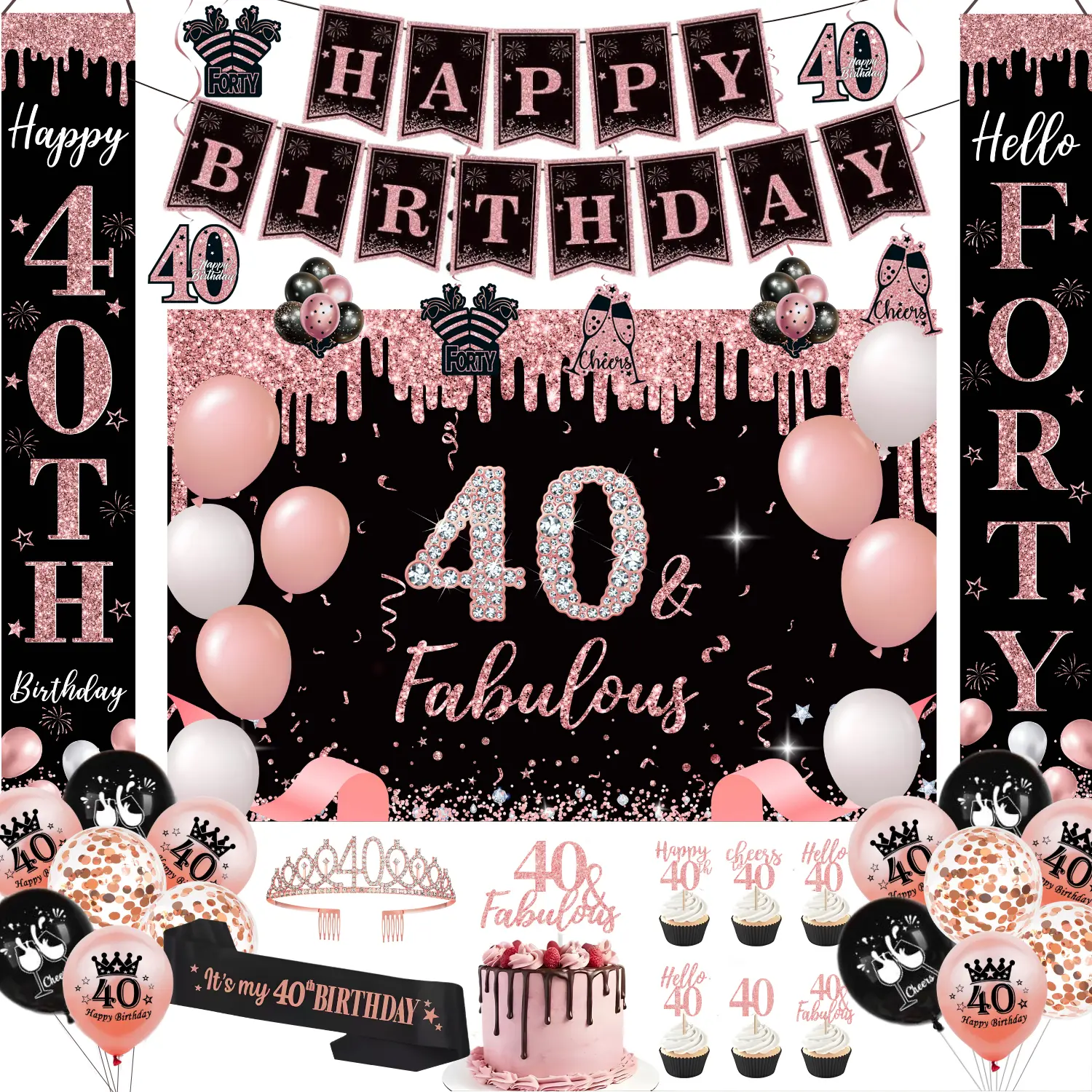 Rose Gold Women's 40th Birthday Party Supplies Set - Photo Backdrop Banner, Porch Sign, Tiara, Sash, Multicolored Balloons & Festive Balloon Decor for Celebrations