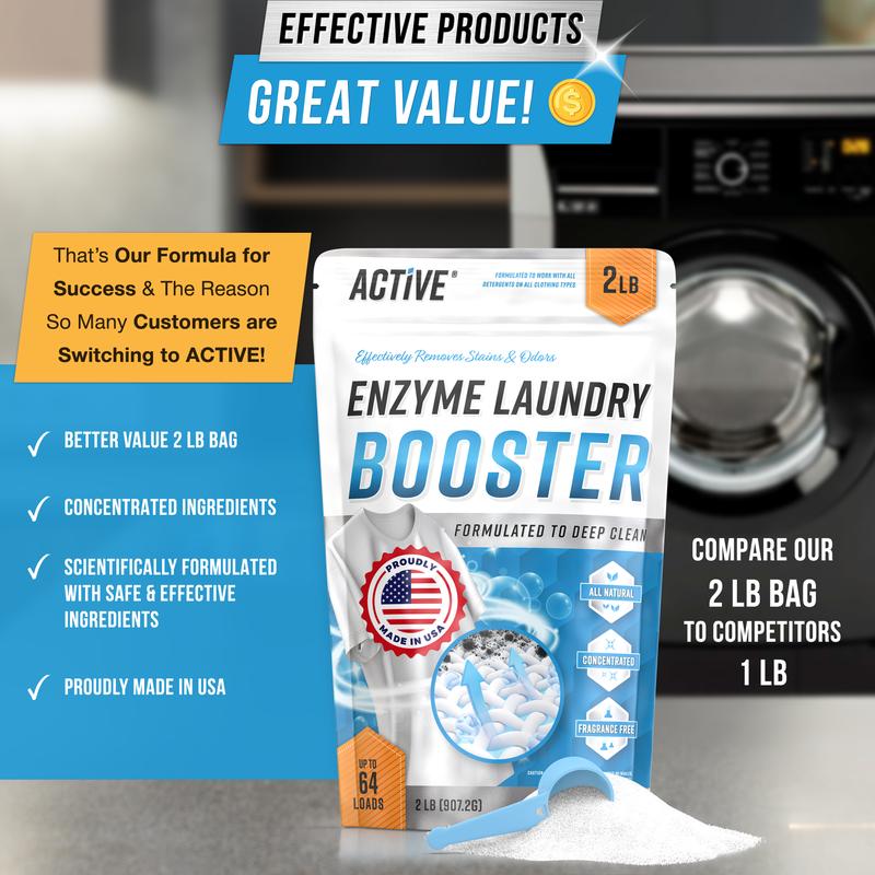 Enzyme Laundry Booster Odor Remover - 2 lbs Unscented Enzymatic Clothes Stain Cleaner Powder, Natural Deodorizer with Bio Active Enzymes, Detergent Additive Fragrance Eliminator for Sweat, Oil, Blood - 64 Loads