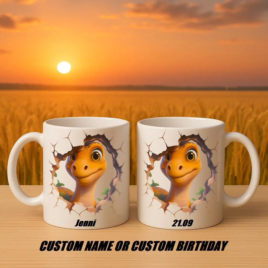 Personalized Cute Dinosaur Mug with Custom Name or Date, Baby Dino Cracked Wall Design Ceramic Coffee Cup, Unique Custom Drinkware for Home, Office and Everyday Use | Gifts for Kids | Home Decor | Hot Chocolate | Drinks | Novelty Gifts | Office Mugs |