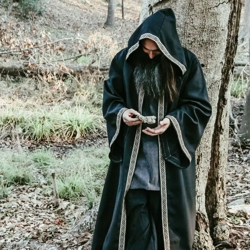 Adult Celtic Robe with Hood and Sleeves & Jacquard Trim - Medieval Sorcerer Cloak, Viking Cape, Wizard, Renaissance Cosplay