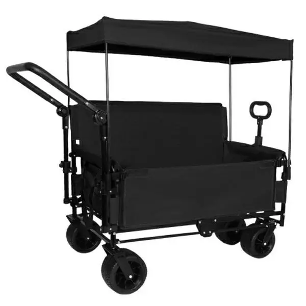 3-in-1 Heavy Duty Folding Wagon Cart with Bench Seat, Canopy & Rear Folding Tabletop, 500lbs Load, 180L Large Capacity, All-Terrain 9"x4" Wheels, Foldable Utility Wagon for Camping, Beach, Sports & Garden, Multiple Colors