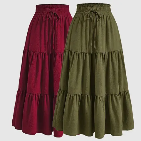 Women's 2 Piece Set, Casual Fitted Long Skirt with Drawstring and Layered Ruffles, Thin Lightweight Woven Fabric, Plain Pattern, All Seasons Wear, Skirt Sets, Womenswear, Clothes, Lady