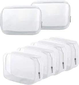 6 Pack Clear Toiletry Carry Pouch with Zipper Portable Plastic Waterproof Cosmetic Bag TSA Approved for Vacation Travel Bathroom and Organizing (White, Small)