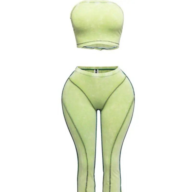 LIME SEDUCTION SET - Strapless Crop Top & Flared Pants in Vibrant Lime Green for Bold Fashion Statements Womenswear Clothes
