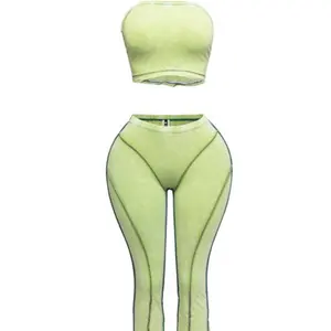 LIME SEDUCTION SET - Strapless Crop Top & Flared Pants in Vibrant Lime Green for Bold Fashion Statements Womenswear Clothes