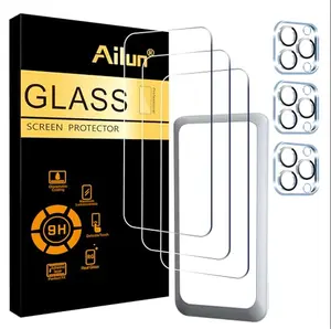 Ailun 3 Pack Screen Protector for iPhone 15 Pro Max [6.7 inch] + 3 Pack Camera Lens Protector with Installation Frame, Sensor Protection, Dynamic Island Compatible, Case Friendly Tempered Glass Film