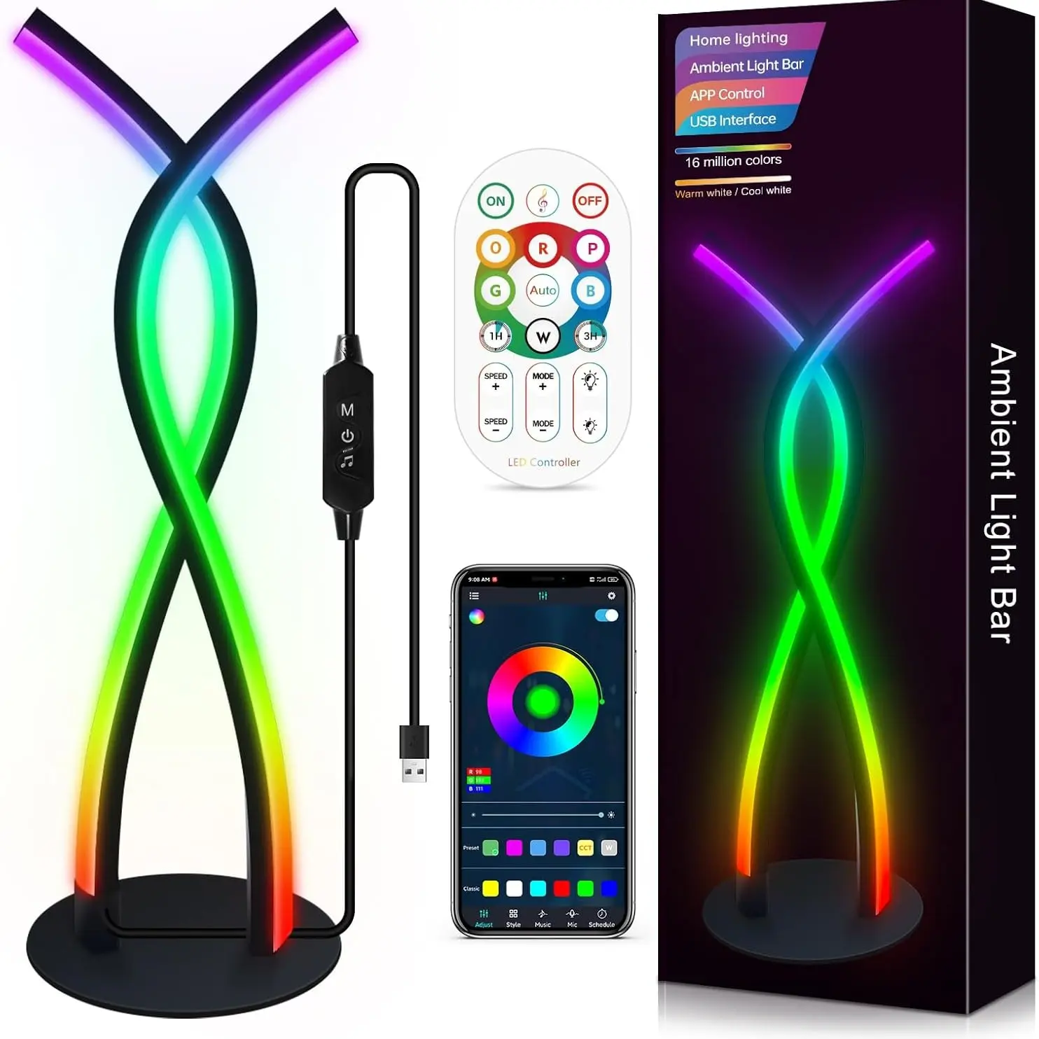 Daymeet LED Desk Lamp, LED Atmosphere Lamp, Modern Bedside Table Lamp, RGB Color Changing, Adjustable Brightness, Bluetooth-compatible APP Control, USB Powered, Ideal for Bedroom