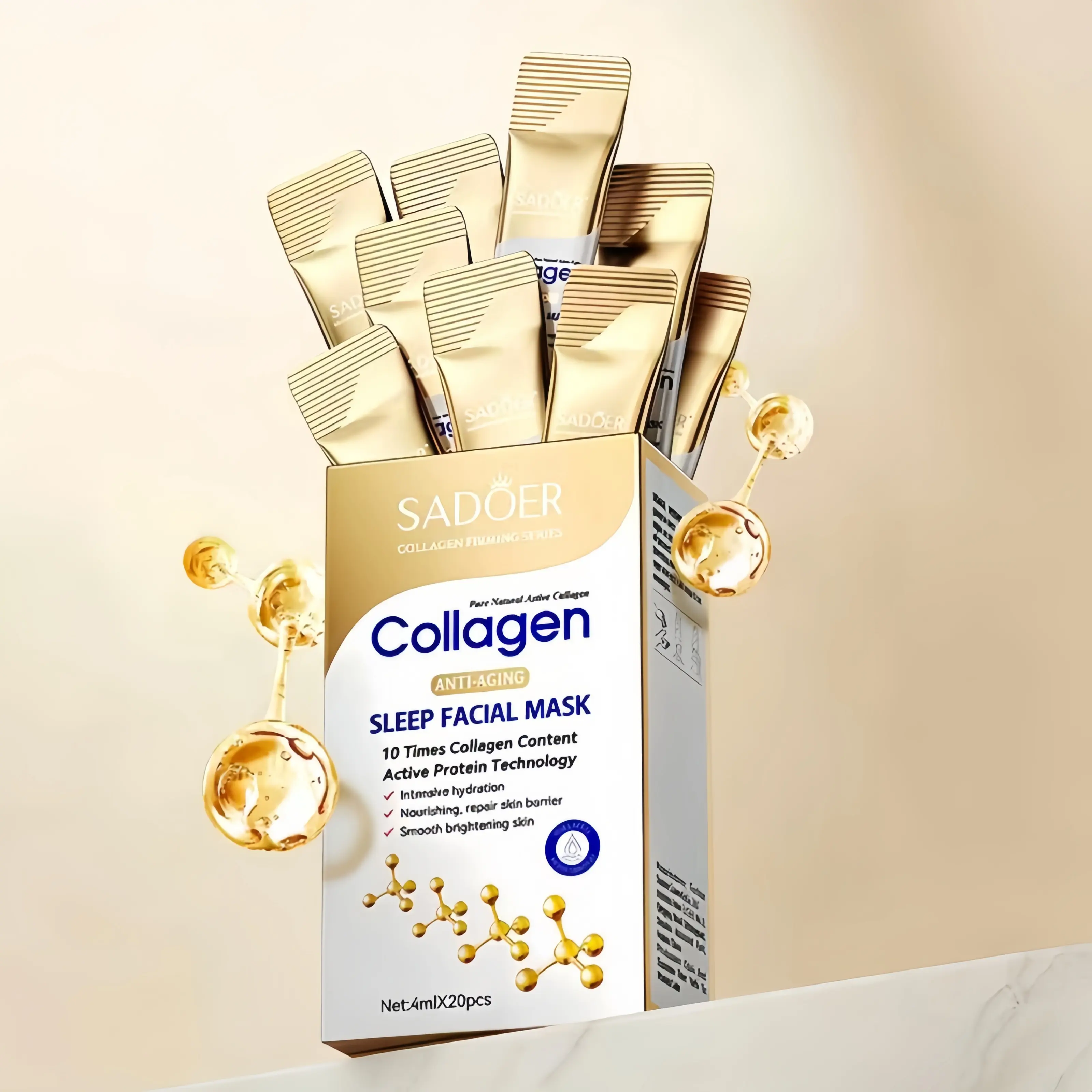 Sadoer Collagen Overnight Facial Mask (20pcs) - Gentle Daily Hydrating, Easy-Absorption, Non-Irritating Portable No-Wash Skin Repair Treatment for All Skin Types, Unisex Smooth Intensive Care
