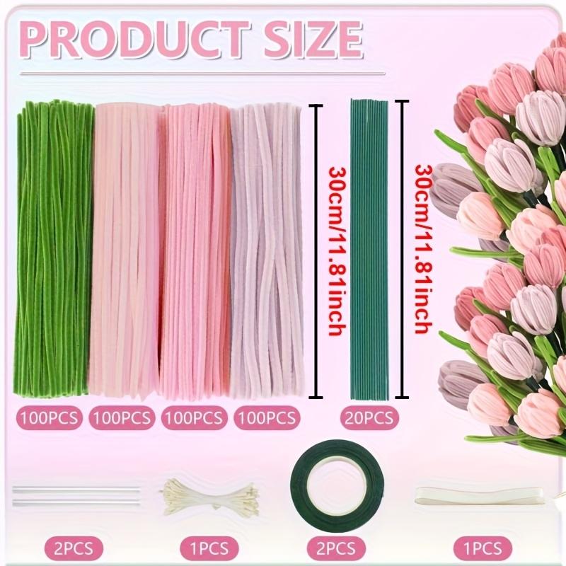 DIY Craft Kit, 400 Pieces Pipe Cleaners in 4 Colors, Chenille Stems and Floral Making Supplies, DIY Flower Decor Kit, Includes String, Tape, Buds and Ribbons