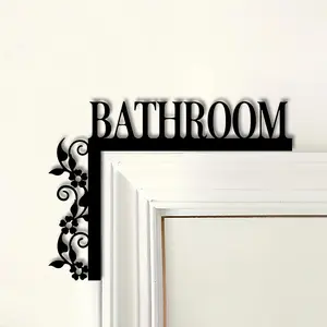 Elegant Metal Bathroom Door Sign Wall Mounted Iron Art Decorative Plaque with Floral Design, Scroll Style Home Indoor Decoration