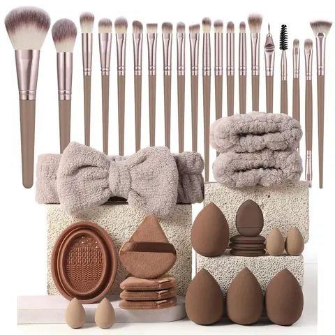 Makeup Tool Set, Including 20pcs Brush & 4 Sponge & 4 Mini Sponge & 4 Triangle Puff & 4 Mini Puff & 1 Brush Cleaning Tool & 1 Hairband & 2 Wristband, Makeup Brush Kit, Gift, Makeup Brushes Kits, Cosmetic Tools, Beauty Equipment