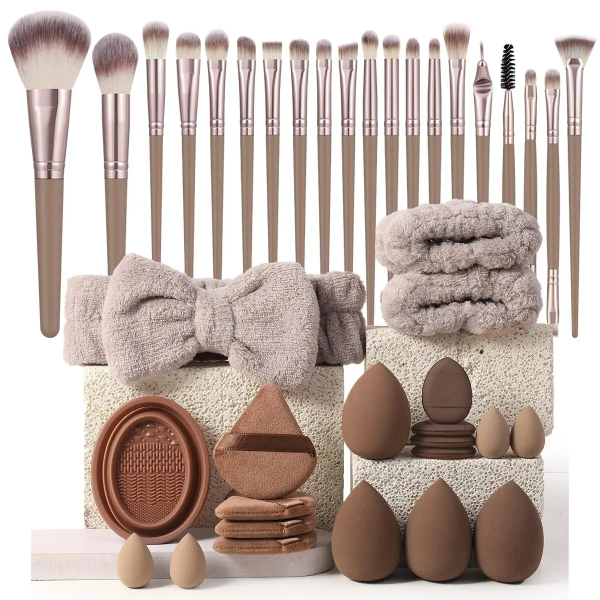 Makeup Tool, Including 20pcs Brush & 4 Sponge & 4 Mini Sponge & 4 Triangle Puff & 4 Mini Puff & 1 Brush Cleaning Tool & 1 Hairband & 2 Wristband, Make