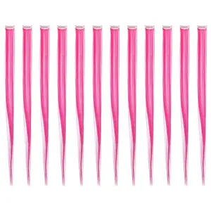 12 Pcs Straight One Color Party Highlights Clip on in Hair Extensions Colored Hair Streak Synthetic Hairpieces (Neon Pink)