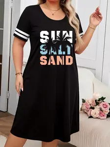 English Coconut Tree Print Short Sleeve Round Neck Casual Sleep Dress, Wearable Nightgown, Comfortable and Stylish Home Apparel