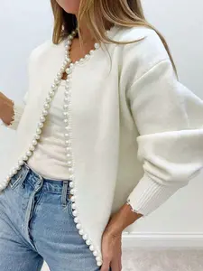 Women's Solid Color Pearl Trim Long Sleeve Sweater, Casual Everyday Simple Knit Cardigan Jacket for Fall Winter, Ladies Fashion Outerwear