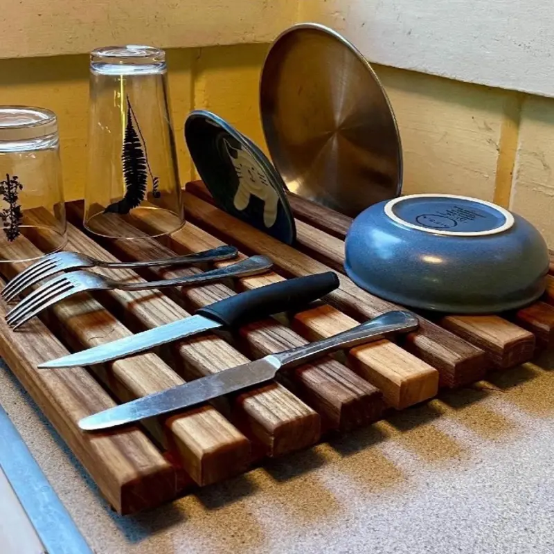 Teak Wooden Kitchen Dish Drying Rack - Rubber-Coated Freestanding Home Organizer with Shelf, Draining Boards, Battens in Orientation for Dishes, Utensils, Glassware, 15.5” Length 22.5” Depth, Durable Handcrafted, Bathroom, Boats
