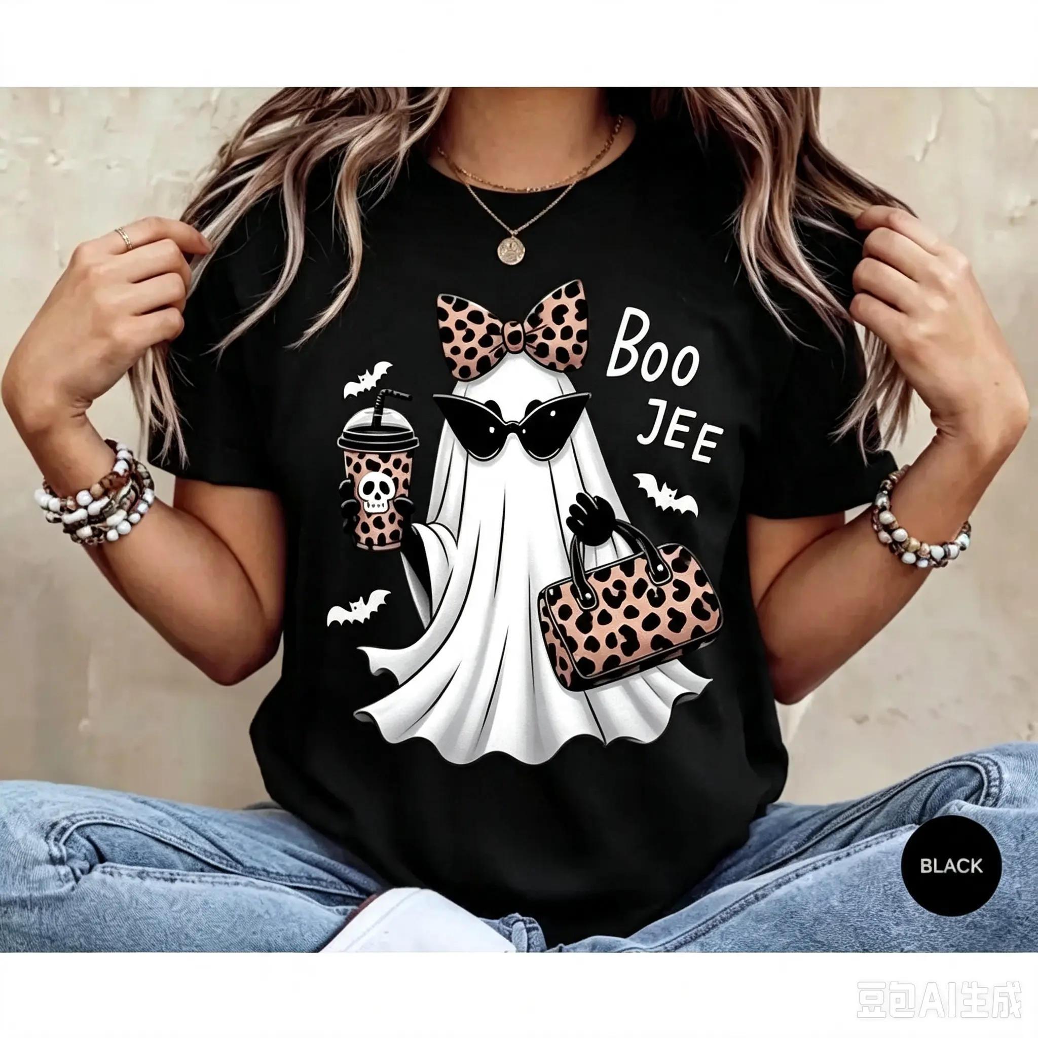 Boo Jee Halloween Ghost T-Shirt with Leopard Print Bow and Sunglasses - Black