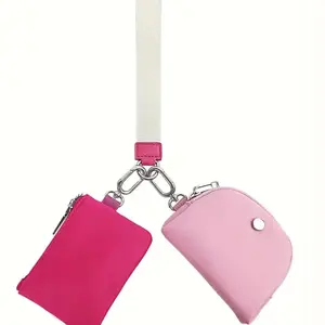 Mini Zip Around Wristlet Wallet for Women Detachable Dual Pouch Wristlet Portable Coin Pocket Keychain Small Purse (Pink+Beige)