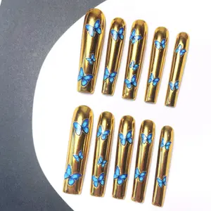 Butterfly Pattern Fake Nail, 10pcs/set Long Square Press on Nails for Women & Girls DIY Nail Art, Elegant Stick on Nails Kit
