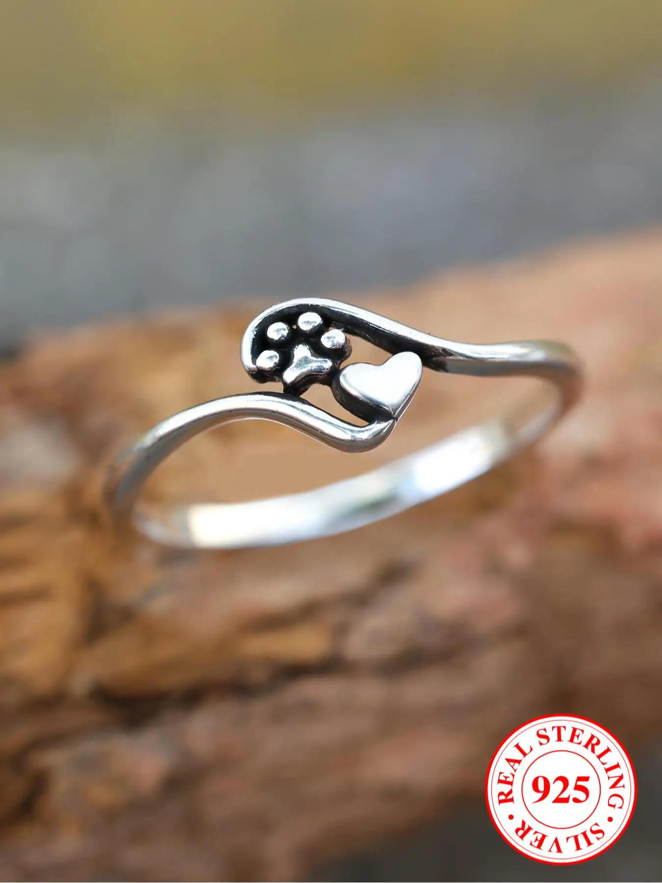 925 Sterling Silver Cute Cat Paw & Heart Design Ring, Fashion Jewelry for Party, Daily Clothing Decor, Trendy All-match & Exquisite Jewelry for Birthd