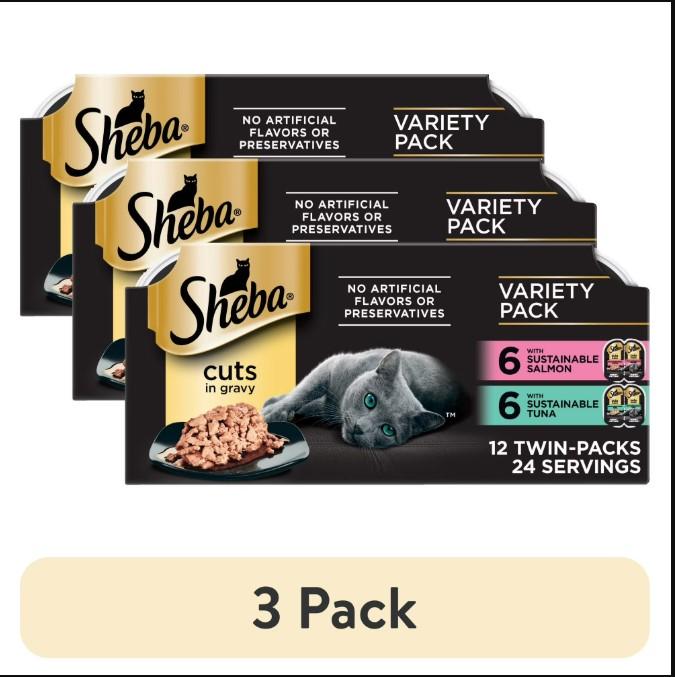 Sheba Perfect Portions Wet Cat Food Cuts in Gravy Gourmet Salmon & Sustainable Tuna 2.6 oz Twin-Pack Trays 12 Count 24 Servings Protein-Rich Premium Meal for Adult Cats