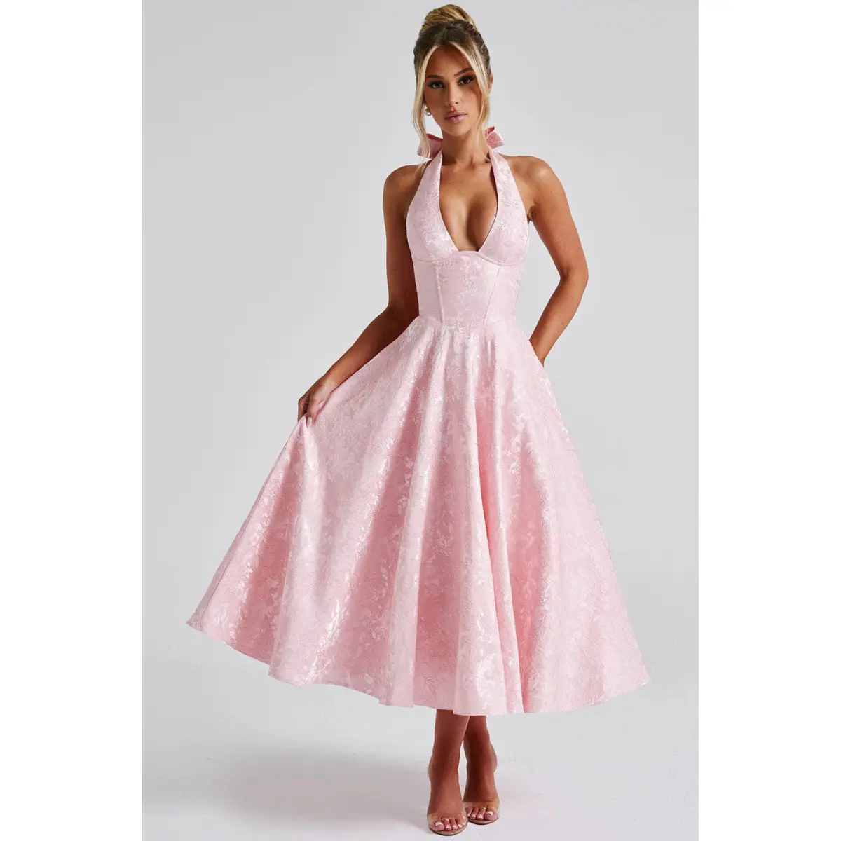 Women’s Chic Sleeveless Multicolored Jacquard Halter Midi Dress - Deep V Corset Bodice, Flared A-Line Swing, Backless Textured Fabric Formal Gown for Bridesmaid Prom, Elegant with Graceful Look