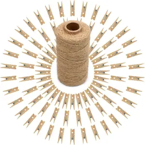 100 count Clothespins with String, 1.4Inch Wooden Clothes Pins with 328Ft Jute Twine, Mini  Shower Photo Clips,  Brown Clips for Hanging Photo, Clothes, DIY Crafts, Wrap Bags