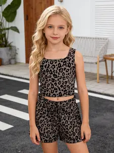 Tween Girl Summer Fashion Leopard Print Cute Casual Vest Shorts Set, Kids Girls Clothing, College Style Daily Wear, Stylish and Comfortable