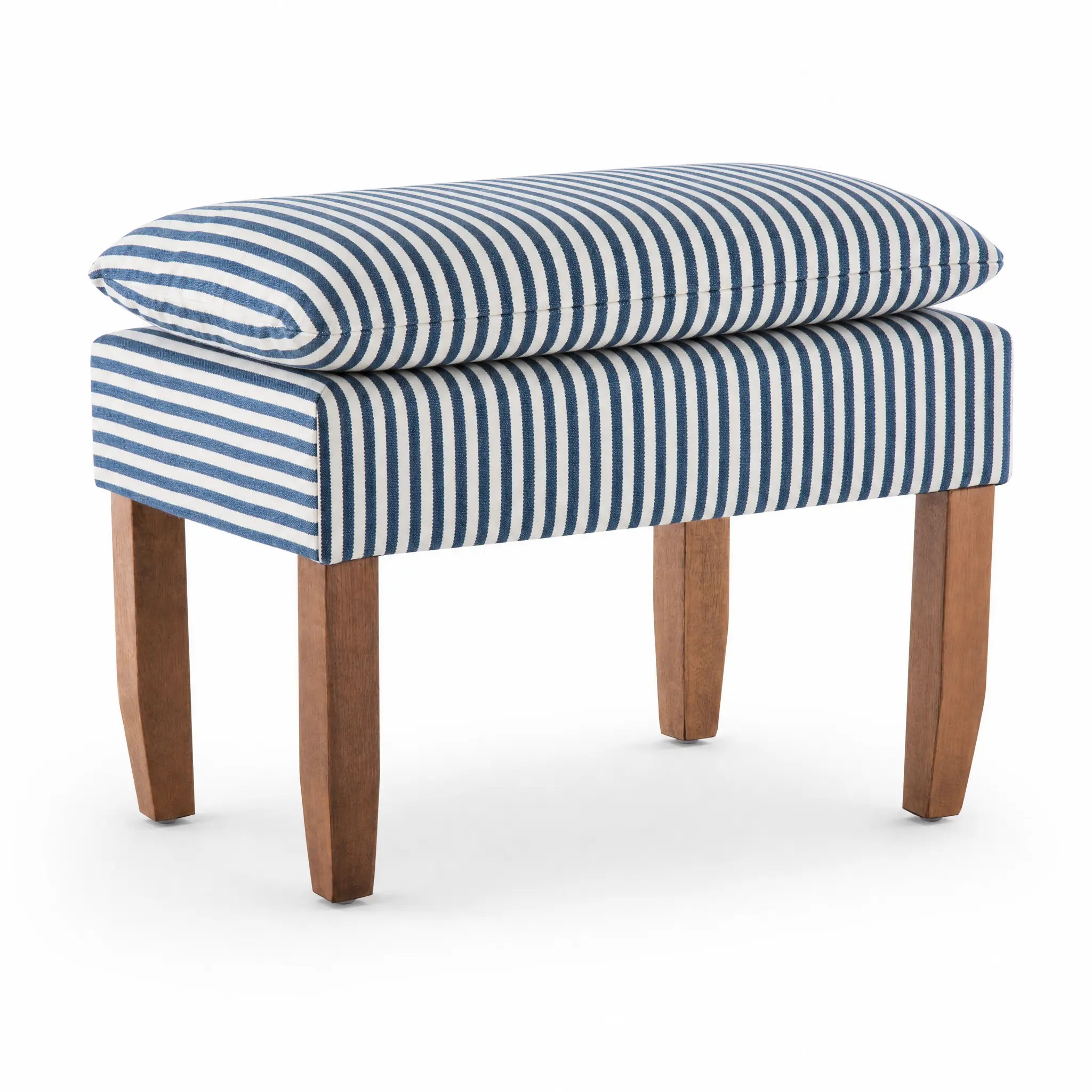 24" Navy Stripe Upholstered Ottoman with Pillow Top & Wood Legs, Living Room Accent Footstool, Vanity Stool for Bedroom