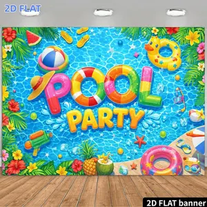 2D Flat Banner 1pc, Banner, A 2D Backdrop for a Pool Party Theme Featuring Colorful 'POOL PARTY' Lettering, Blue Water Ripples, Yellow Duck Floats, Colorful Swim Rings, Beach Balls, Water Guns, Pinea, Photog